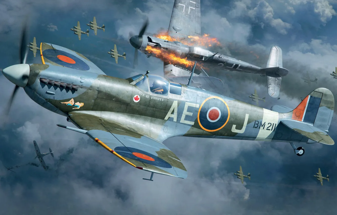 Photo wallpaper fighter, Canada, UK, Dogfight, Raf, Piotr Forkasiewicz, RCAF, Spitfire Mk.Vb Mid