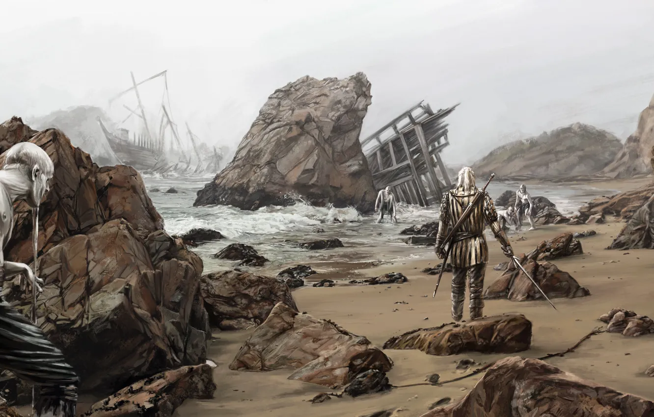 Photo wallpaper shore, ships, The Witcher, The Witcher, rpg, Geralt, CD Projekt RED, utoptsev