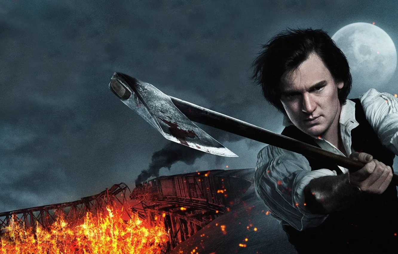 Photo wallpaper axe, cinema, fire, flame, man, movie, film, Vampire Hunter