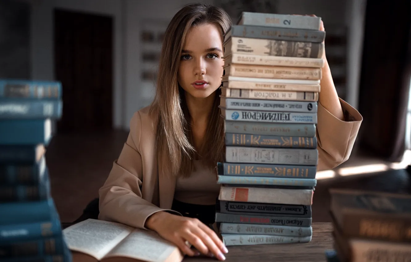 Photo wallpaper look, pose, model, books, portrait, makeup, hairstyle, brown hair