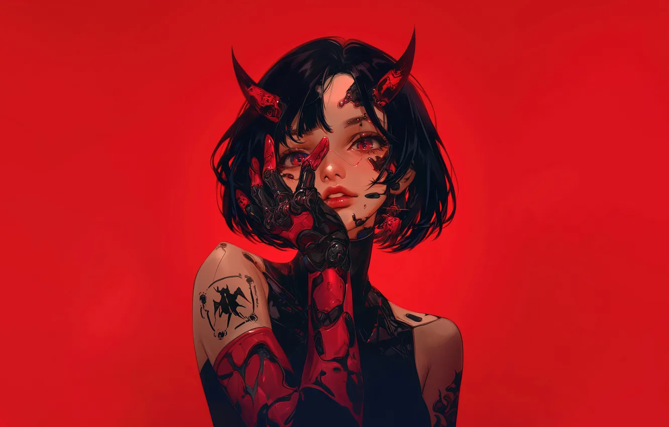 Photo wallpaper demon, girl, devil, mecha, anime, red eyes, tattoo, red background