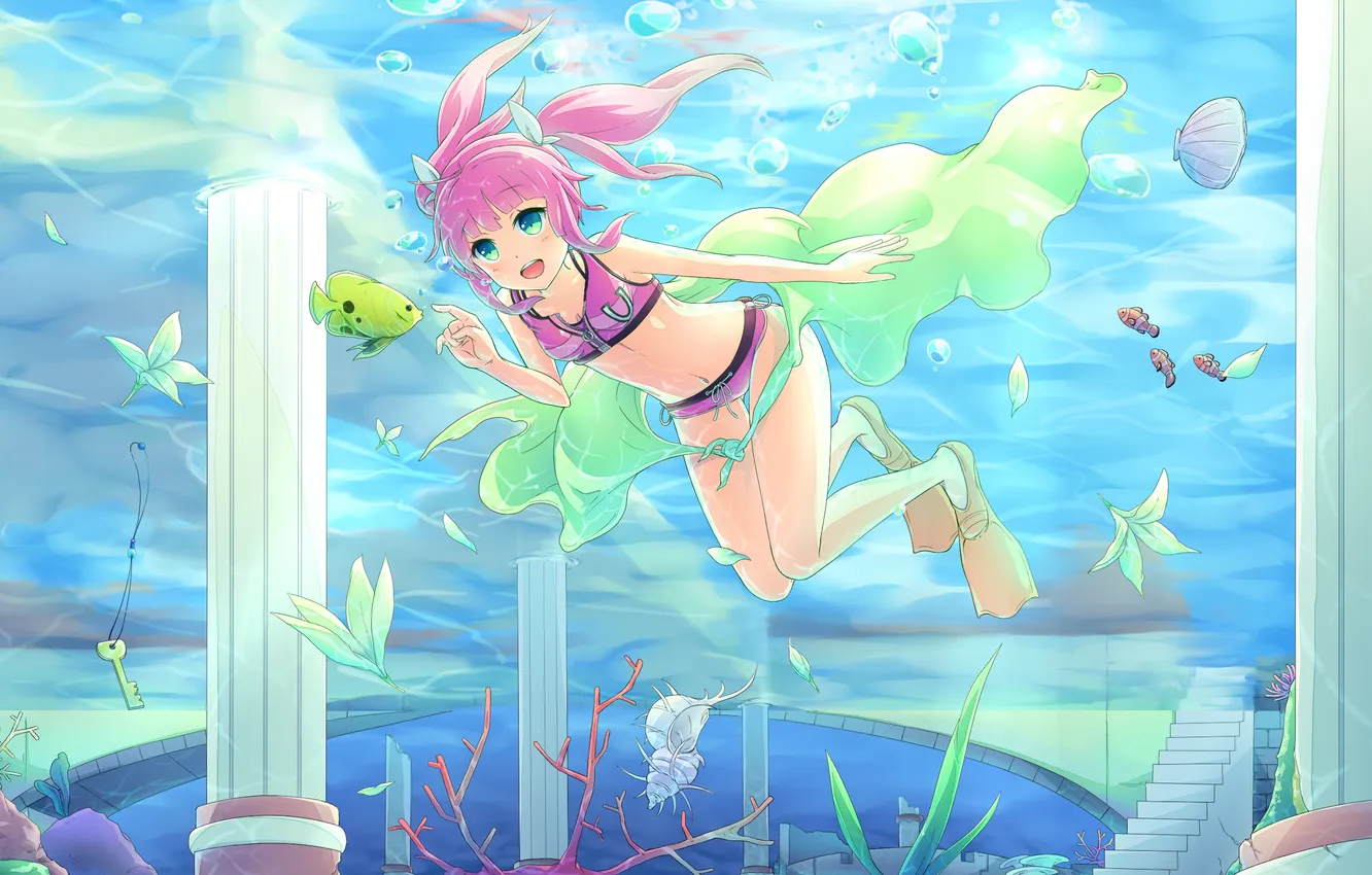 Photo wallpaper sea, girl, fish, joy, art, floats, underwater city, sakakidani