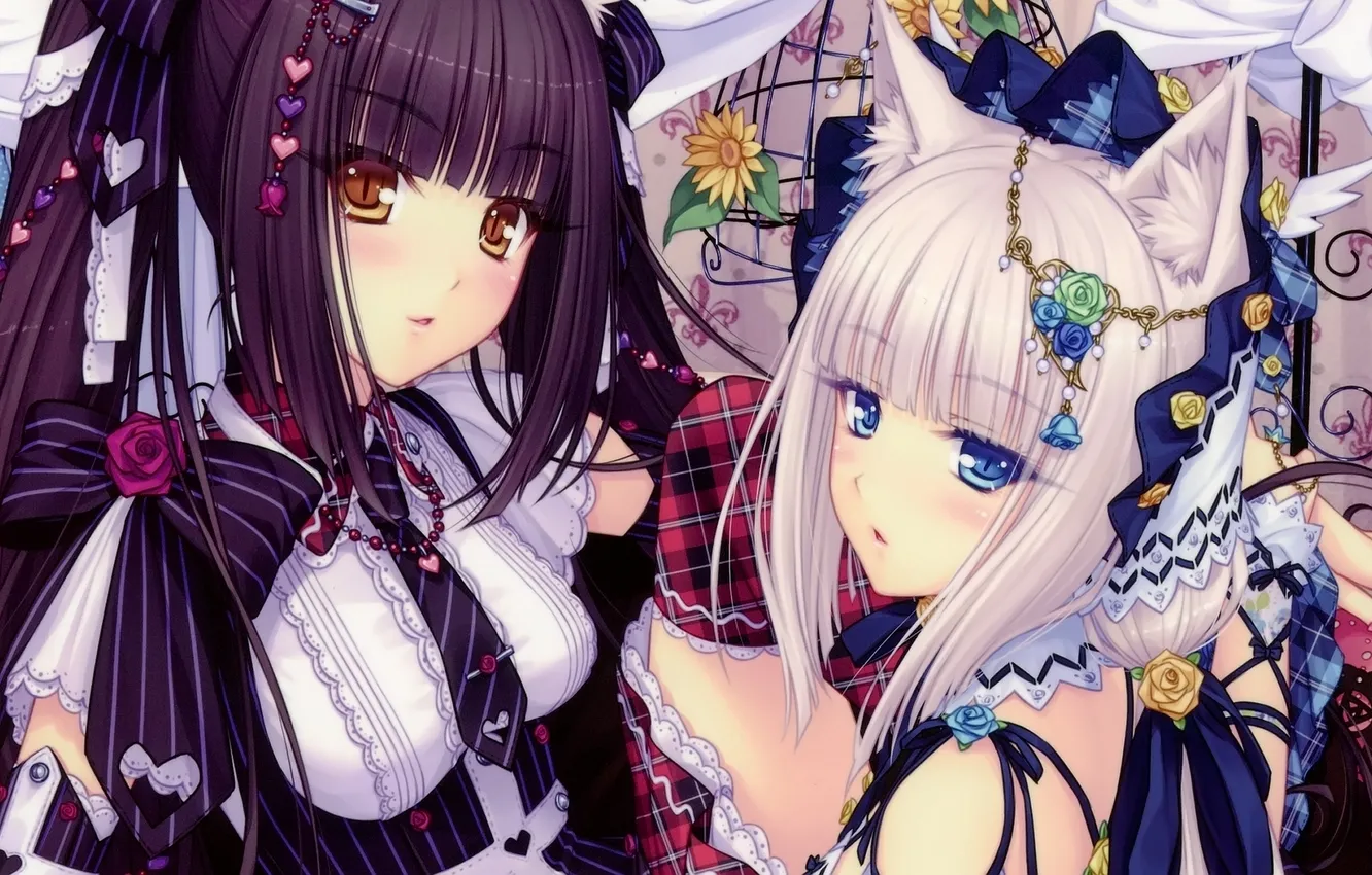 Photo wallpaper girl, flowers, roses, anime, art, hearts, bow, ears