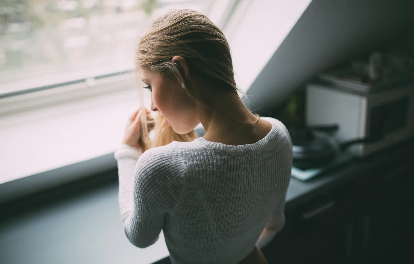 Photo wallpaper girl, window, blonde