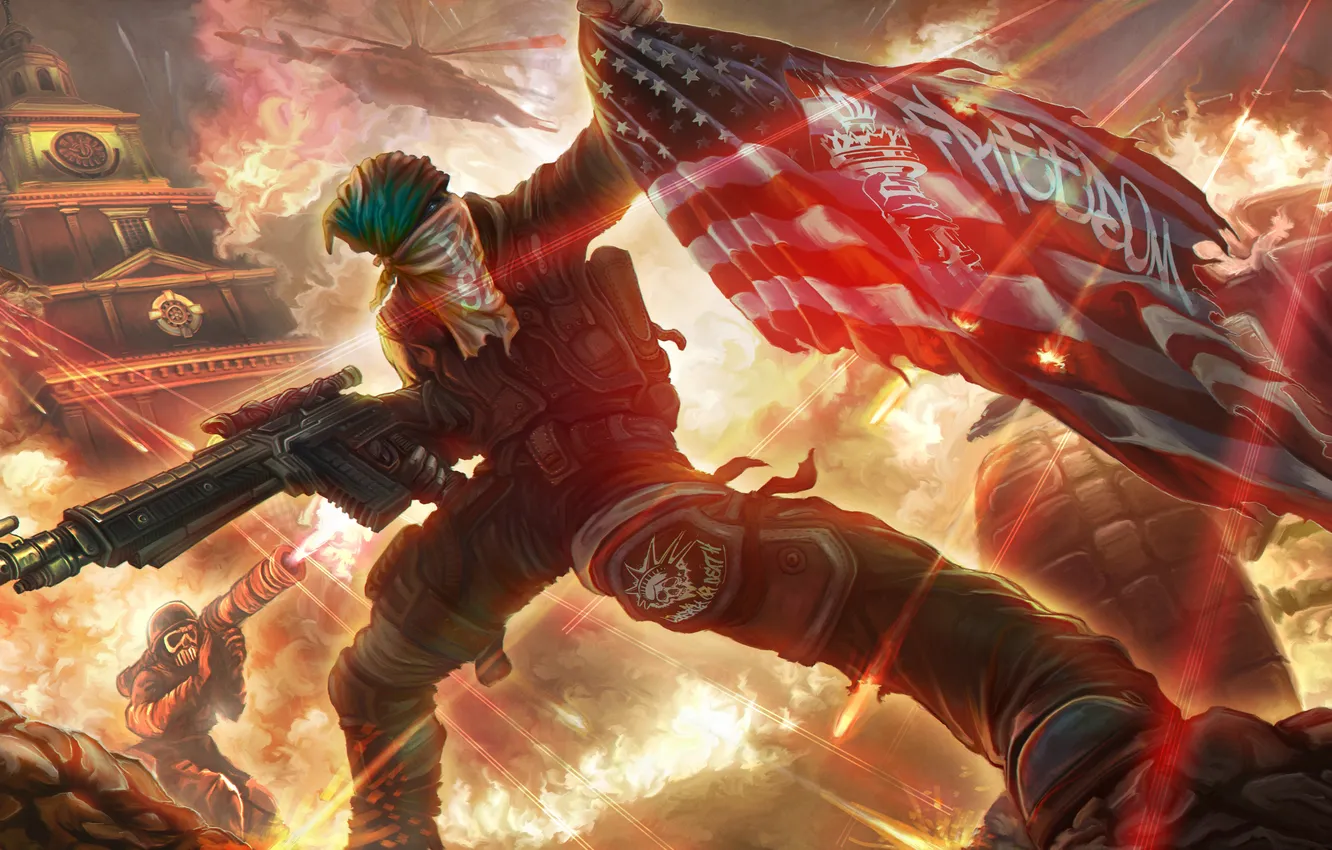 Photo wallpaper fire, flag, art, machine, soldiers, Homefront: The Revolution, Freedom Fighters