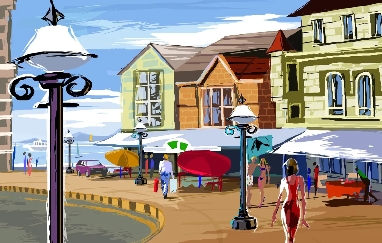 Photo wallpaper figure, people, home, vector, lights, promenade