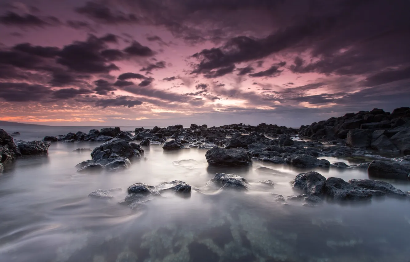 Photo wallpaper landscape, stones, the ocean, dawn, Hawaii