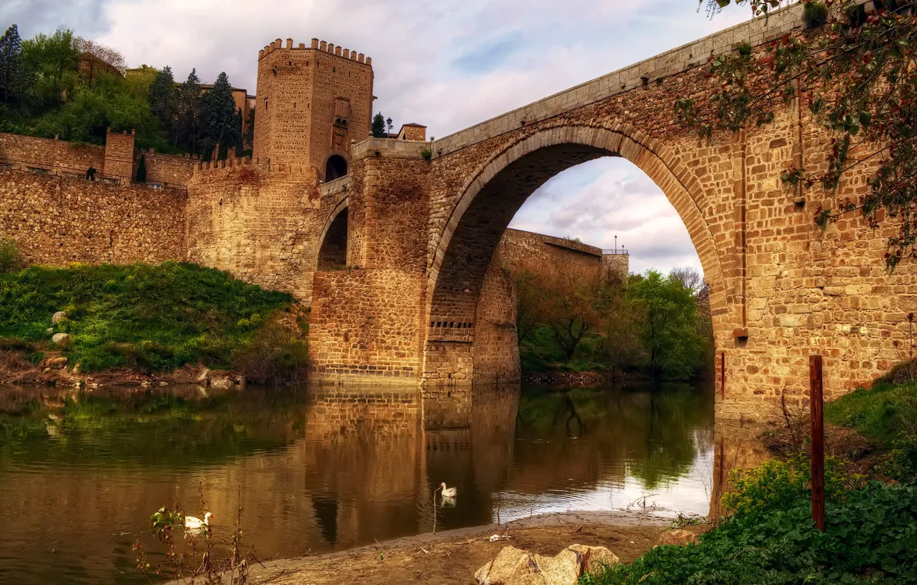 Photo wallpaper bridge, the city, river, architecture, Spain, Toledo, Castilla-La Mancha, Castile-La Mancha