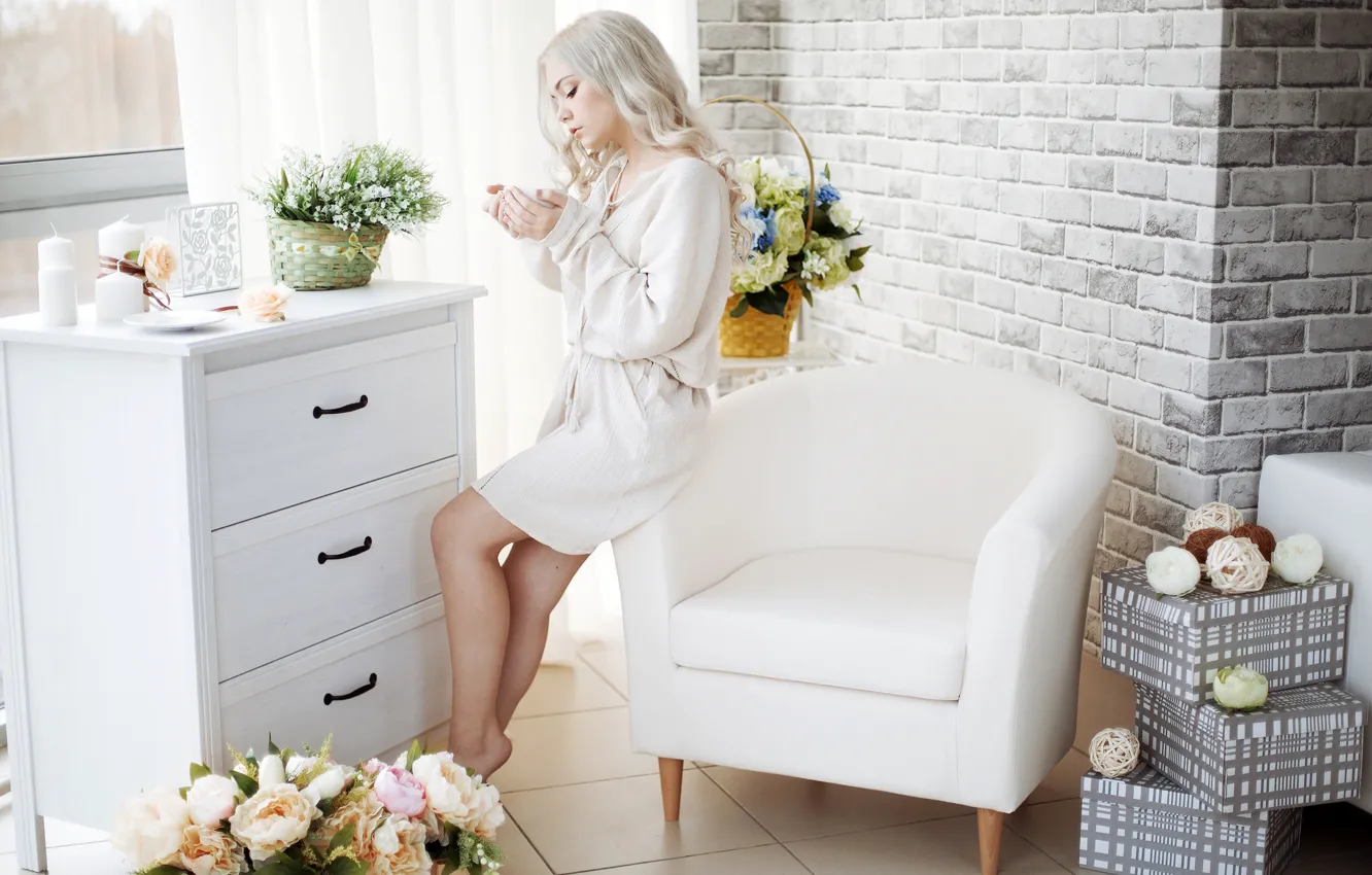 Photo wallpaper girl, flowers, room, interior, chair, candles, makeup, window