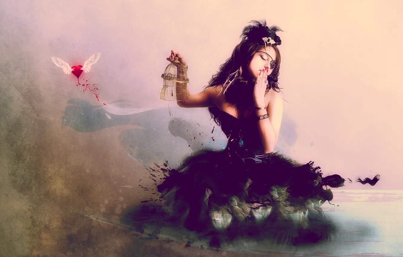 Photo wallpaper girl, pattern, cell, bird, comp. design