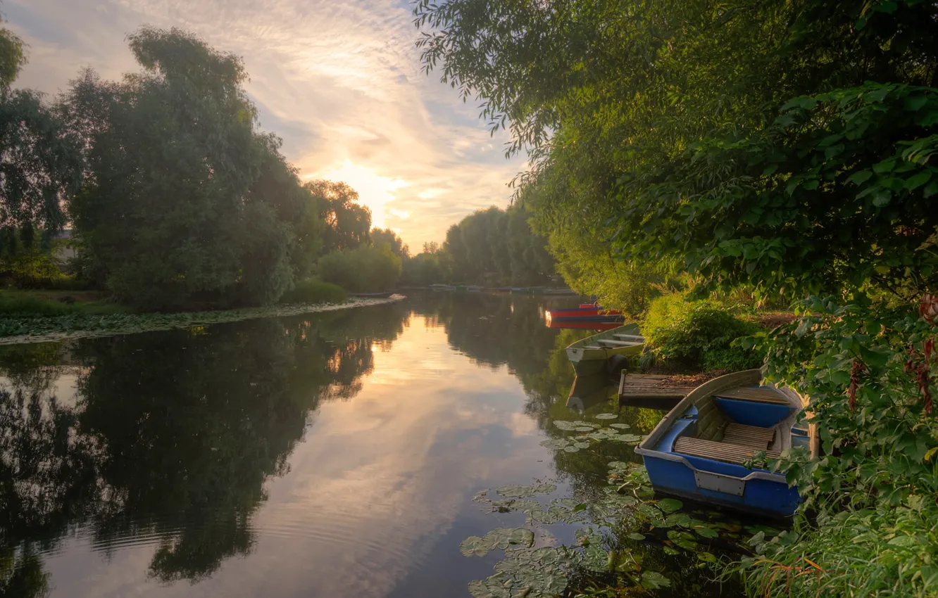 Photo wallpaper summer, clouds, sunset, nature, reflection, river, photo, boat