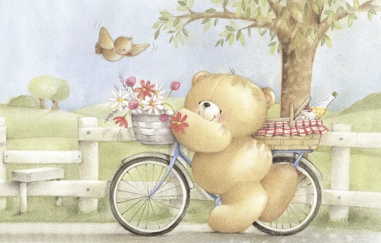 Photo wallpaper summer, flowers, bike, mood, art, bear, walk, a bunch