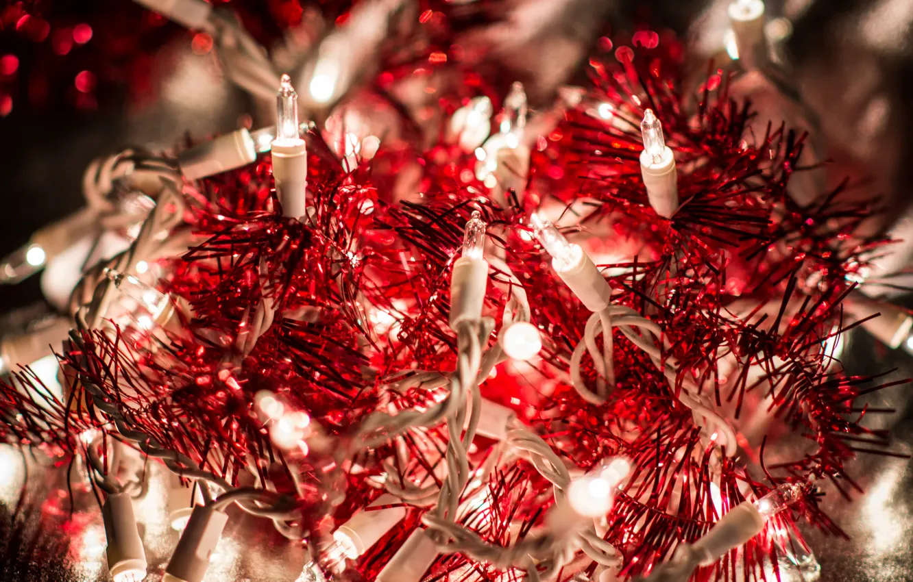 Photo wallpaper winter, the rain, macro, light, red, lights, holiday, garland