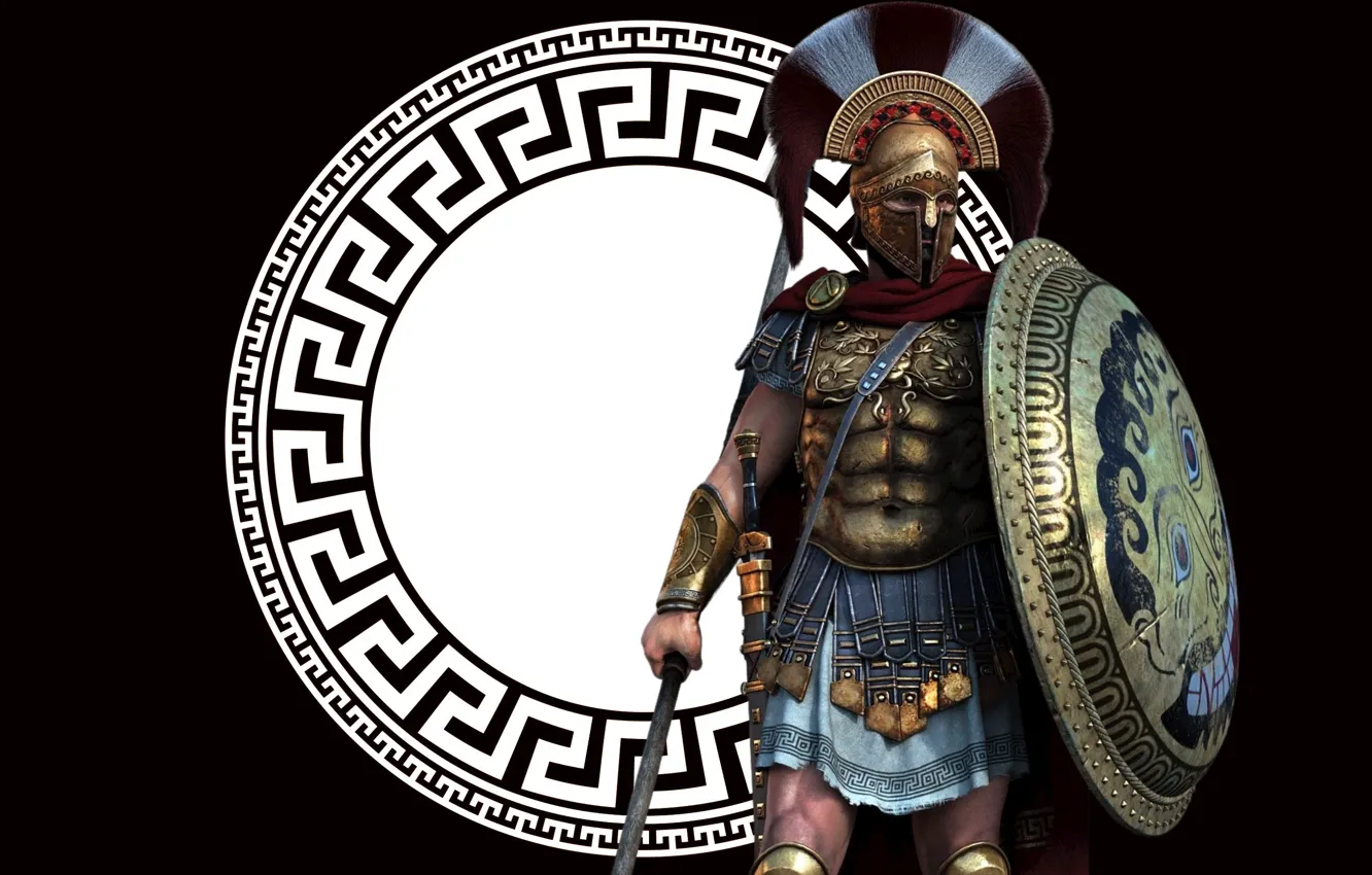 Photo wallpaper Sword, Warrior, Helmet, Shield, Spear, Hoplite, Ornament, Xiphos