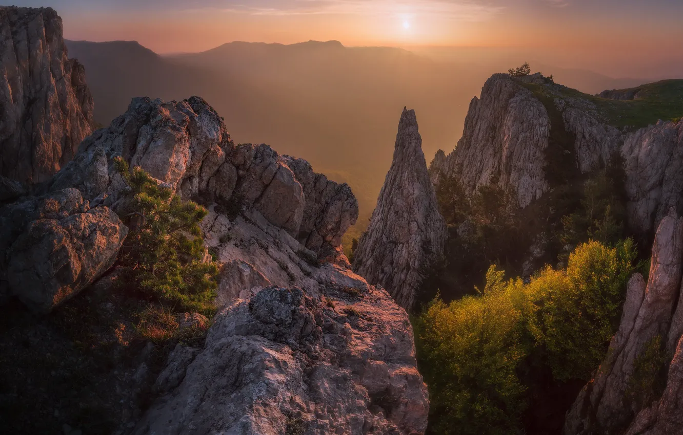 Photo wallpaper light, mountains, fog, rocks, morning