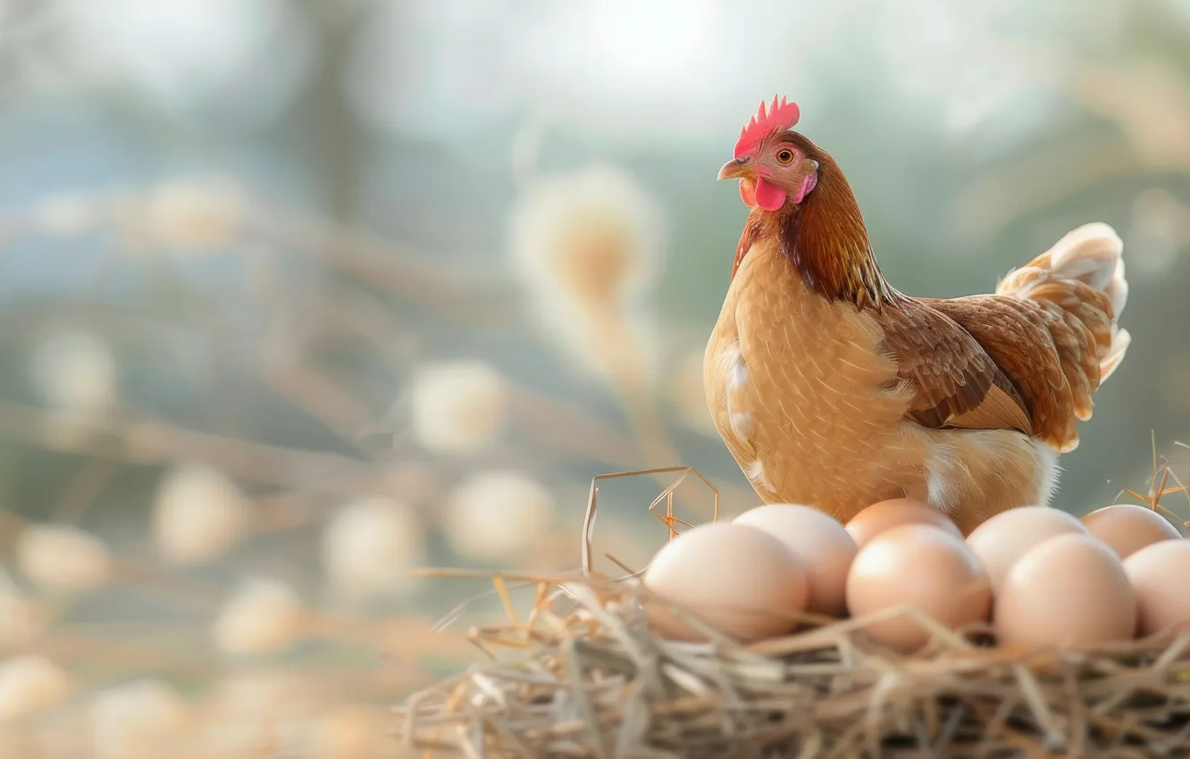 Photo wallpaper bird, eggs, chicken, socket, AI art, neural network, the laying hen