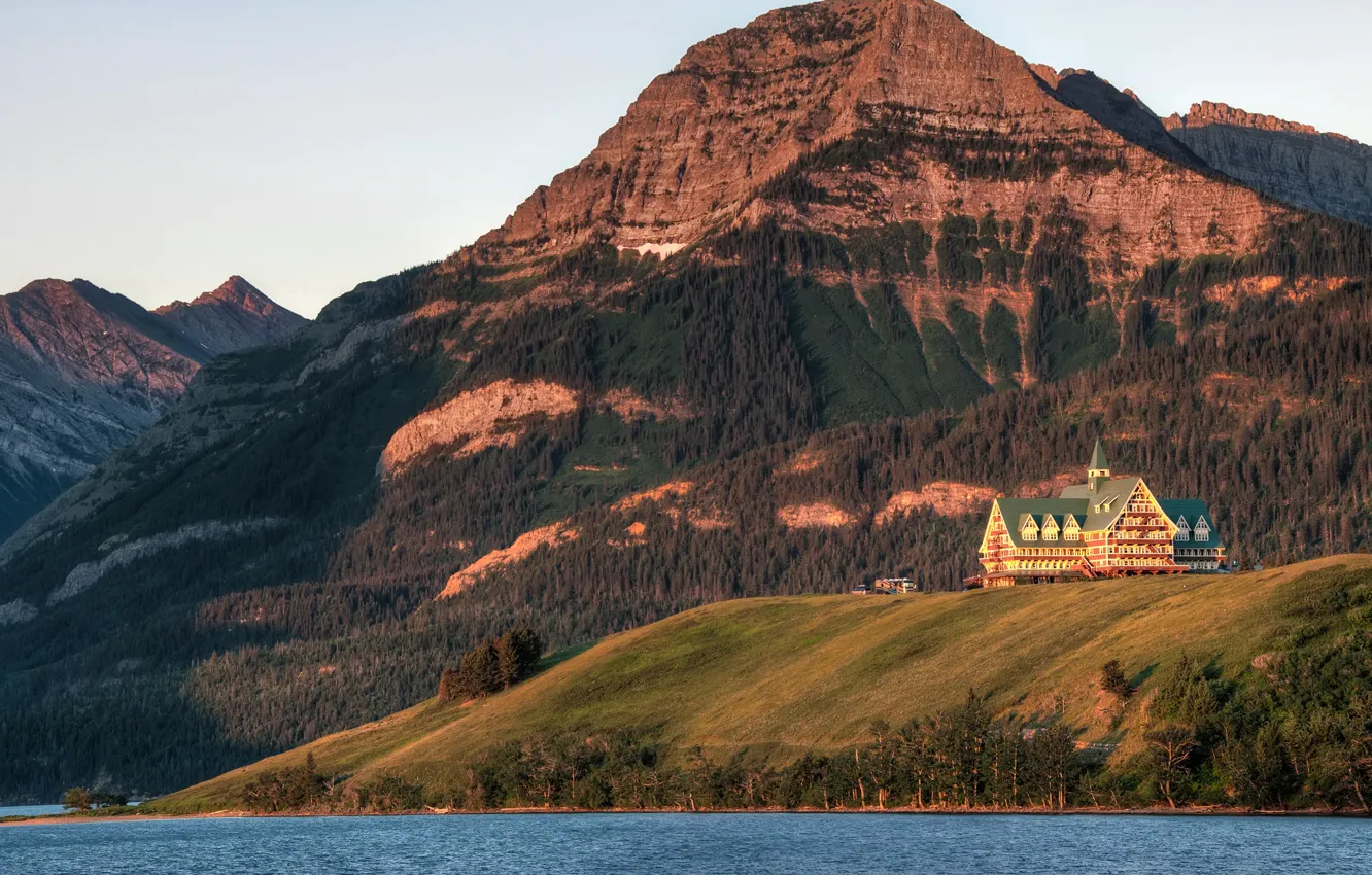 Photo wallpaper forest, trees, mountains, lake, rocks, Canada, the hotel, Alberta