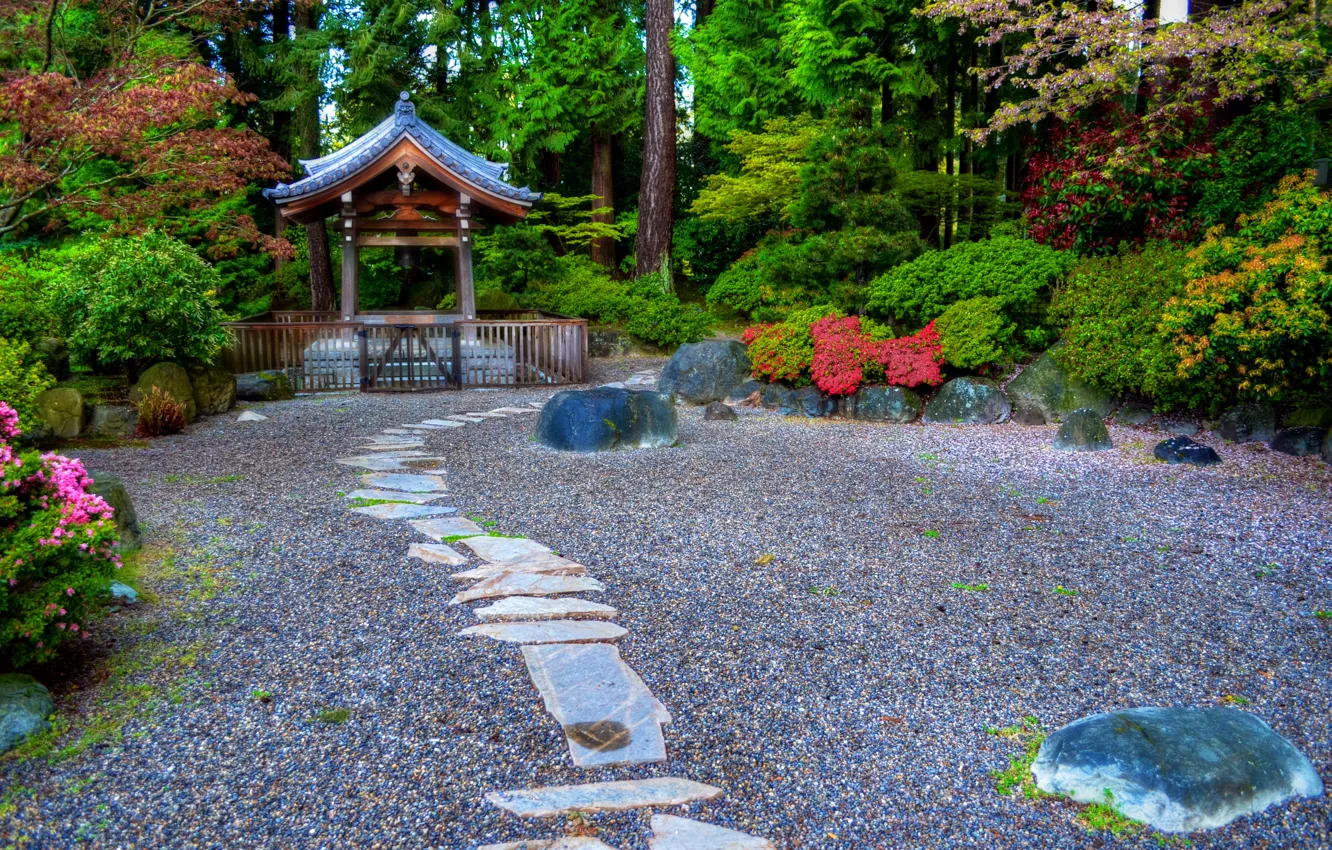 Photo wallpaper trees, flowers, Park, stones, garden, Canada, track, pagoda