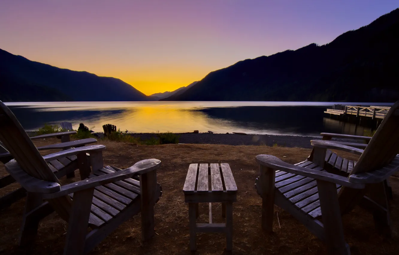 Photo wallpaper landscape, sunset, mountains, lake, shore, chairs, table, Washington