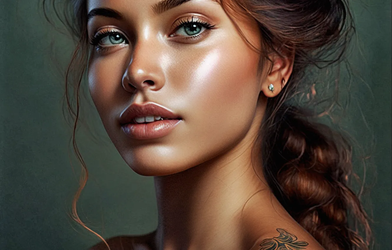 Photo wallpaper look, girl, light, face, rendering, background, graphics, Shine