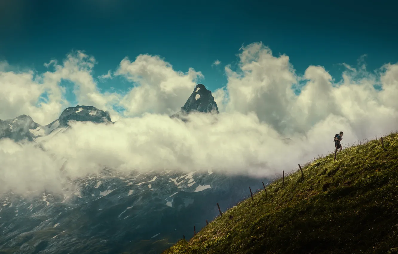 Photo wallpaper clouds, mountain, morning