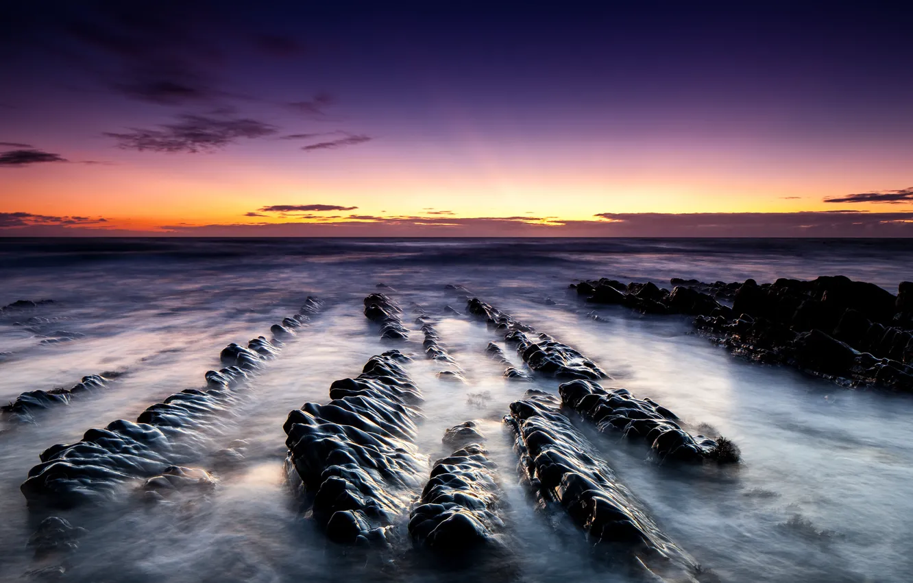 Photo wallpaper sand, beach, landscape, stones, the ocean, rocks, dawn