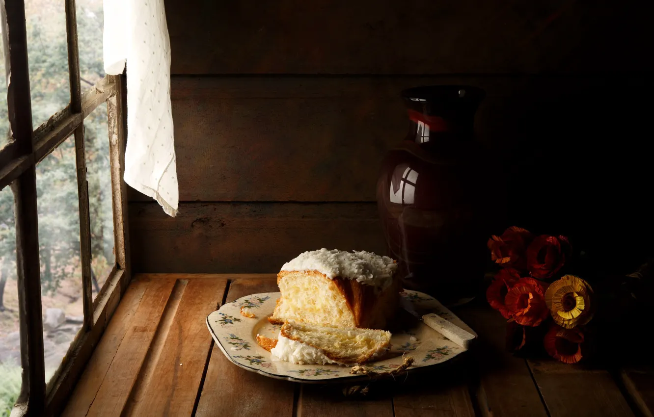 Photo wallpaper flowers, window, pie