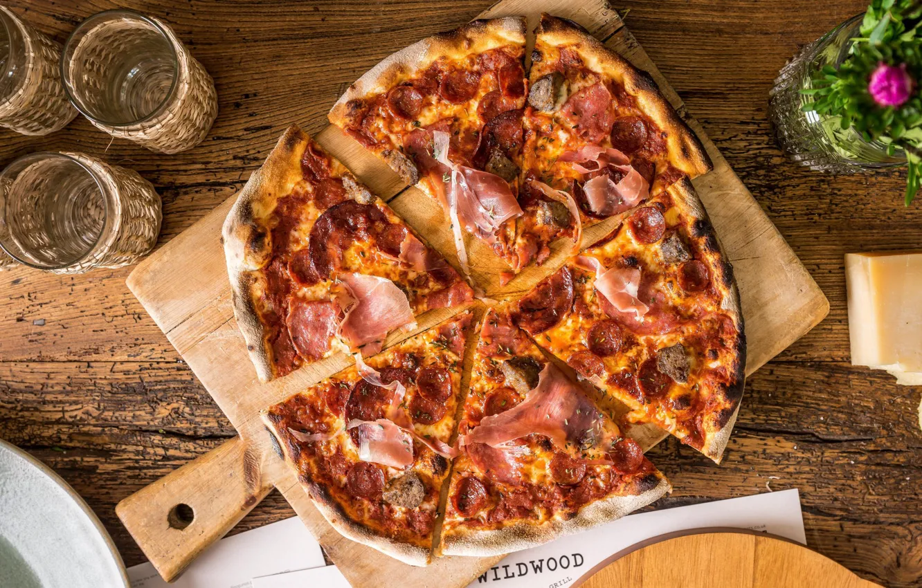 Photo wallpaper cheese, Board, pizza, sausage, delicious, bacon