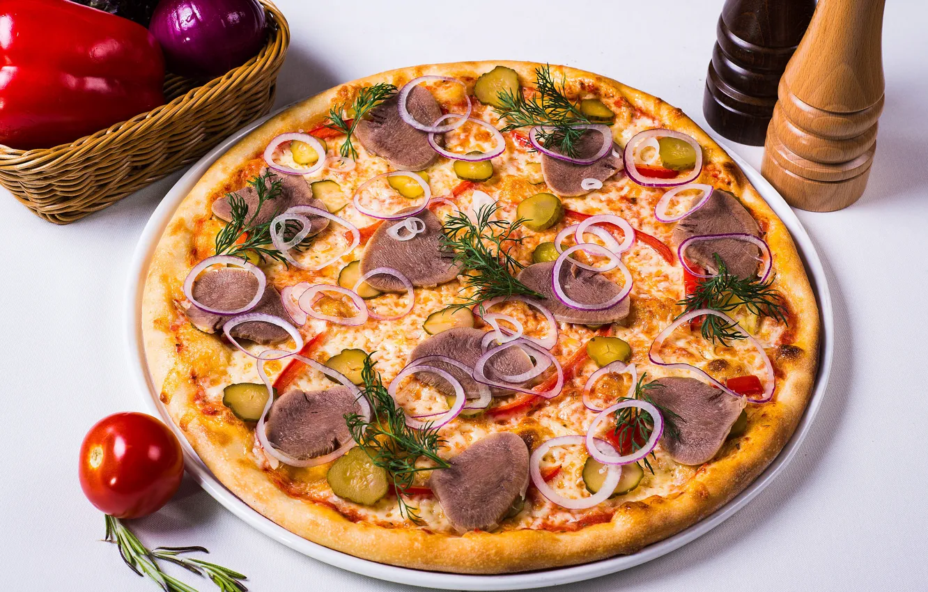 Photo wallpaper cucumber, bow, meat, vegetables, pizza, tomato