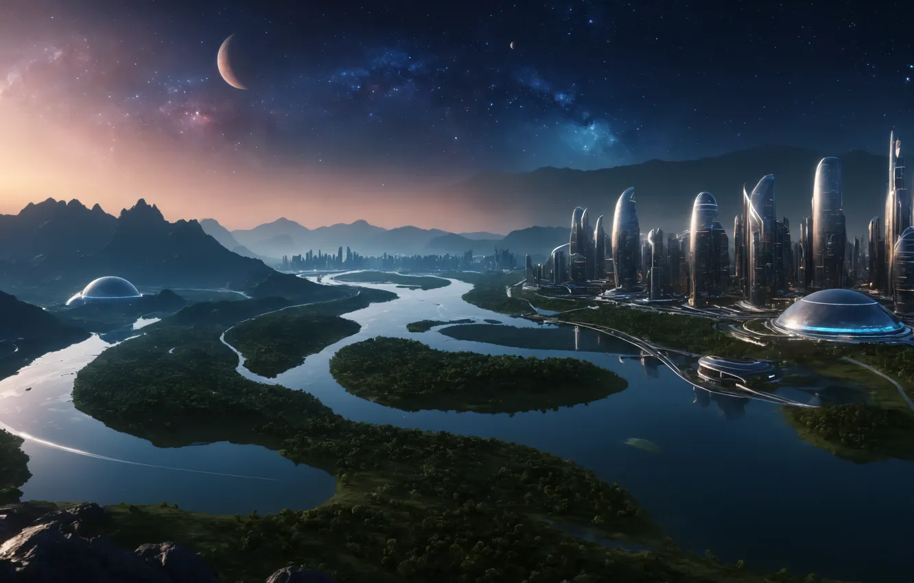 Photo wallpaper city, space, river, Galaxy, lake, stars, planet, reflection