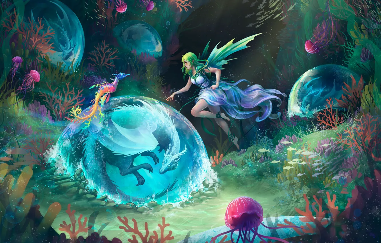 Photo wallpaper bright colors, algae, fairy, jellyfish, underwater world, fairy, jellyfish, bright colors