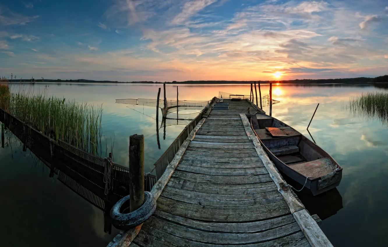 Photo wallpaper sunset, lake, reflection, boat, pier