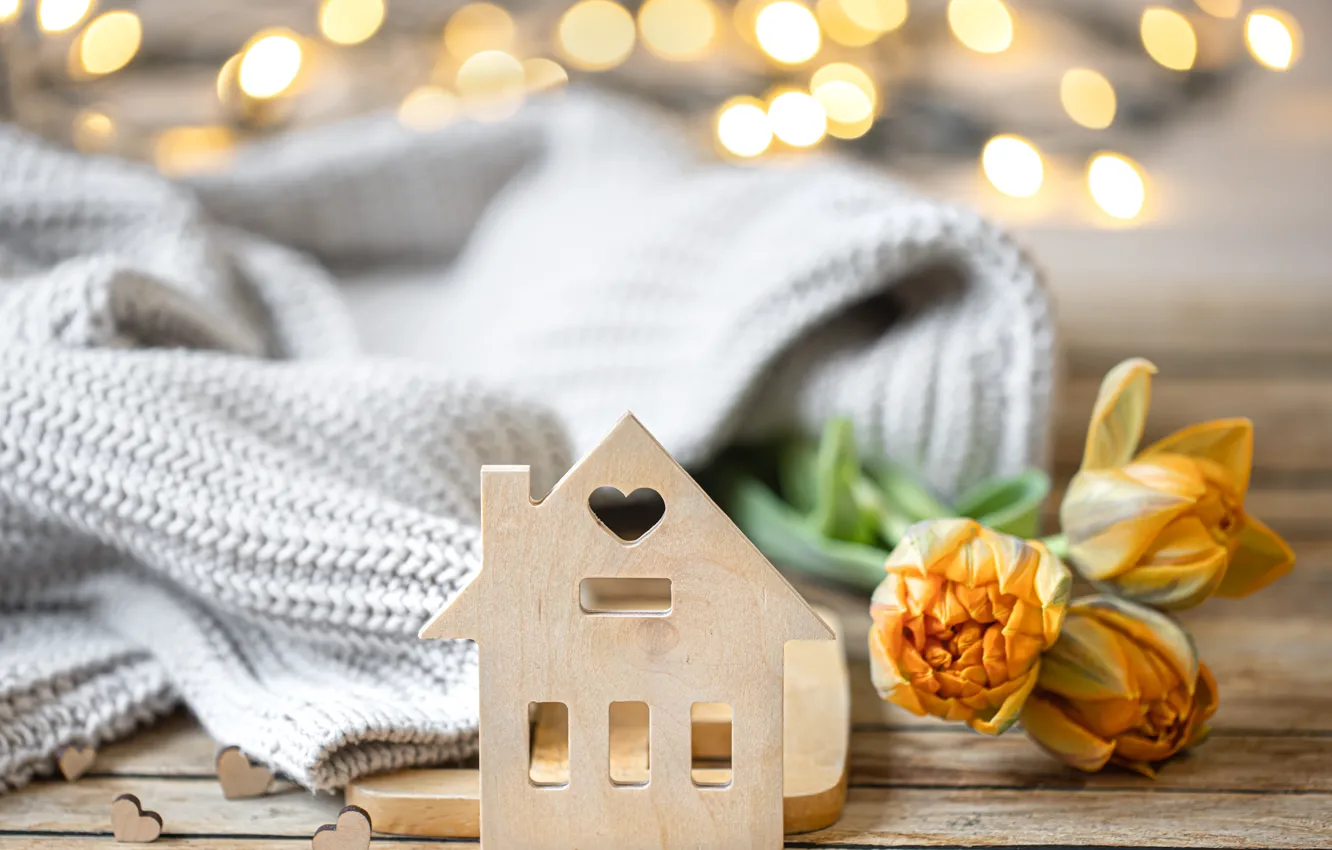 Photo wallpaper light, flowers, yellow, lights, holiday, heart, Board, bouquet