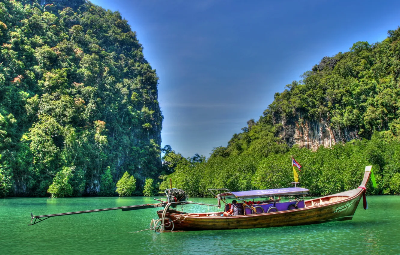 Photo wallpaper trees, mountains, Thailand, Thailand, nature, boat.