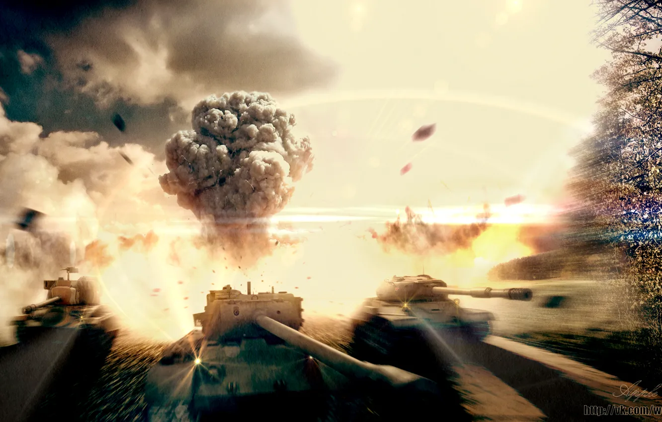Photo wallpaper the explosion, clouds, lights, smoke, art, tank, USA, USSR