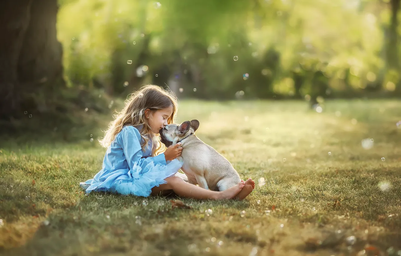 Photo wallpaper summer, nature, children, kiss, dog, dress, girl, lawn