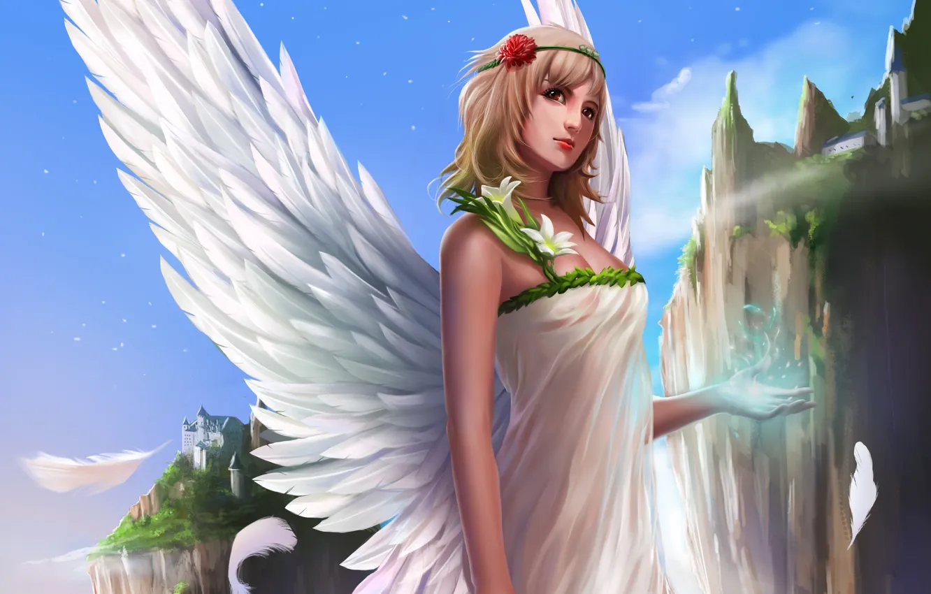 Photo wallpaper girl, flowers, the city, rocks, magic, wings, angel, feathers