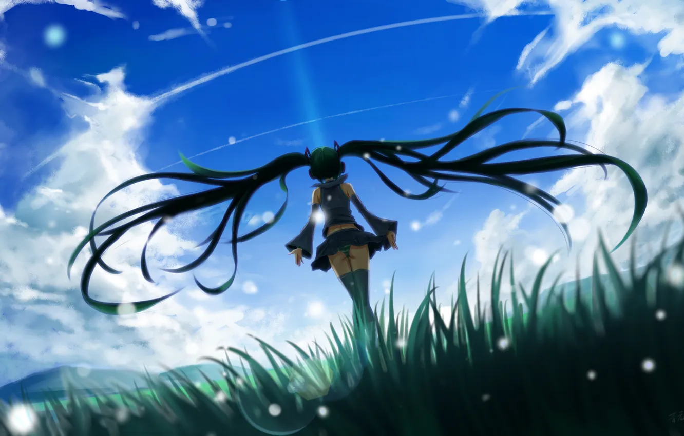 Photo wallpaper the sky, girl, clouds, headphones, art, vocaloid, hatsune miku, Xiaoyin Li