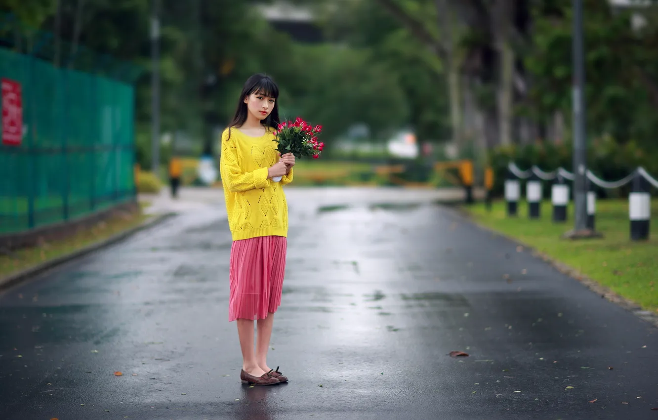 Photo wallpaper girl, flowers, street, Asian