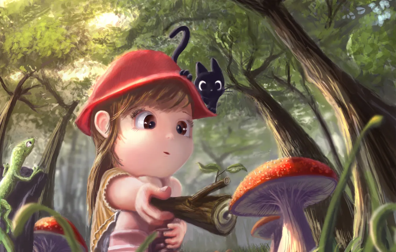 Photo wallpaper forest, cat, mushrooms, were, Early amazement