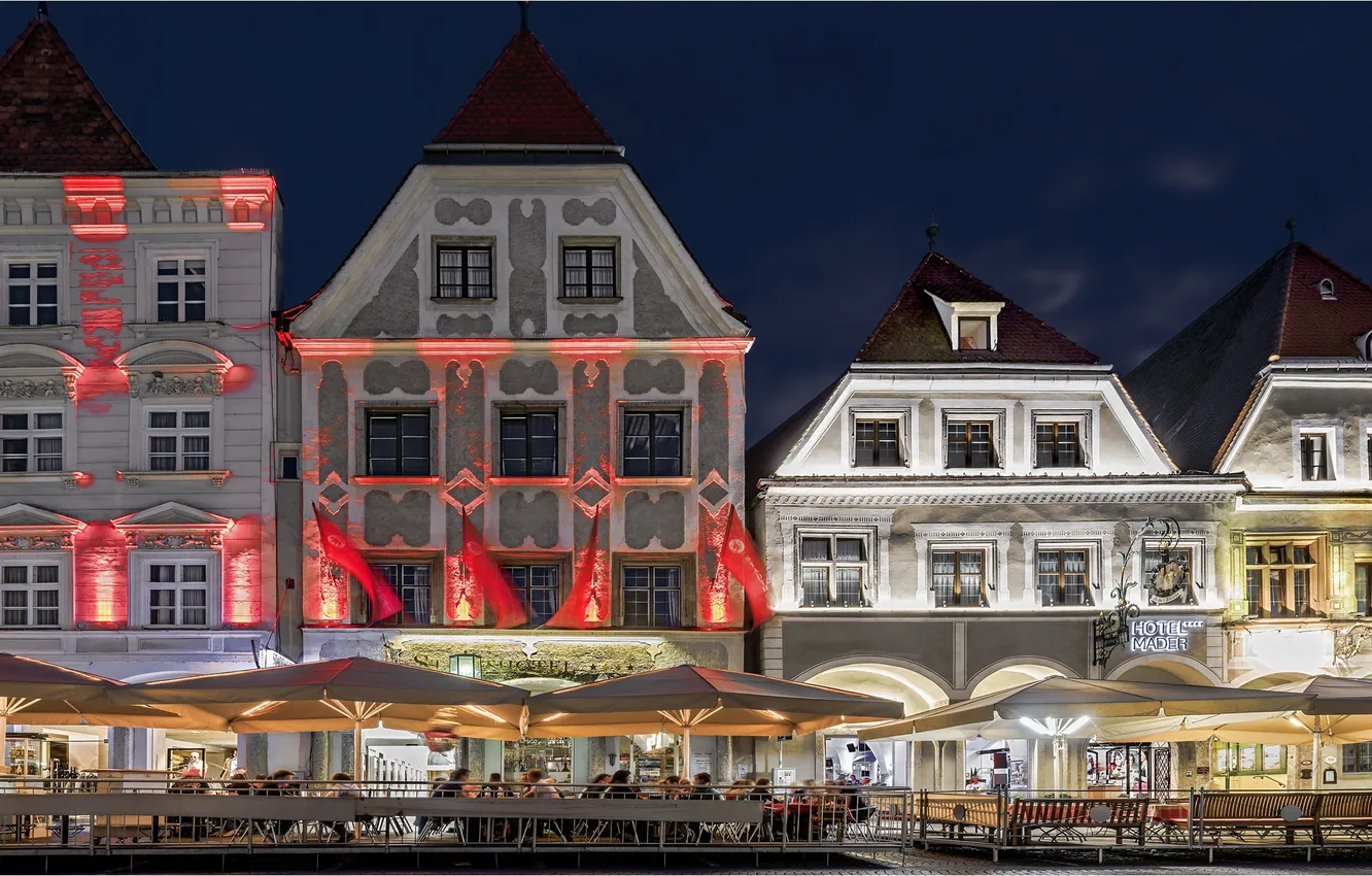 Photo wallpaper night, lights, home, Austria, cafe, Steyr