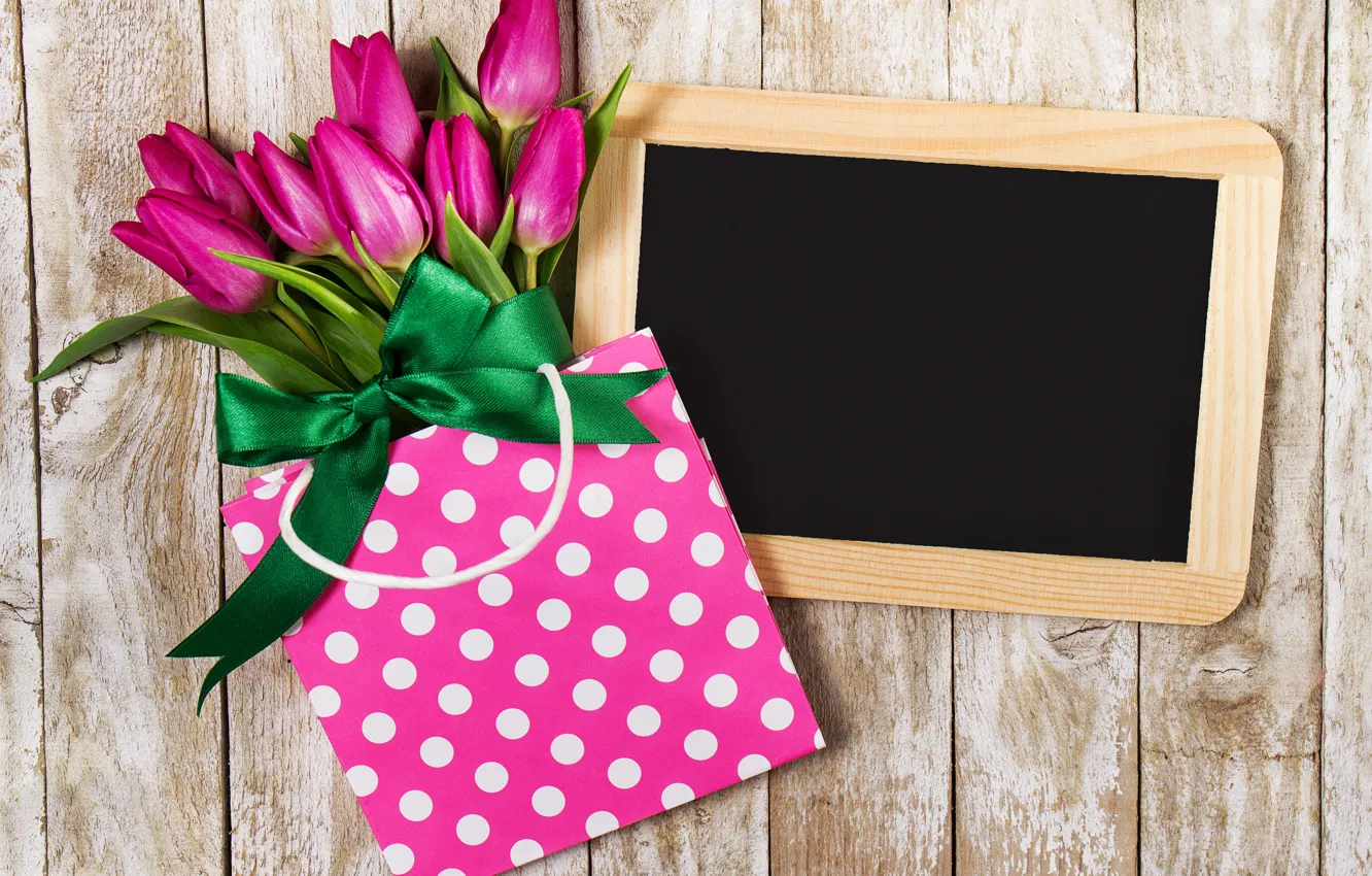 Photo wallpaper flowers, bouquet, package, tulips, pink, fresh, wood, pink