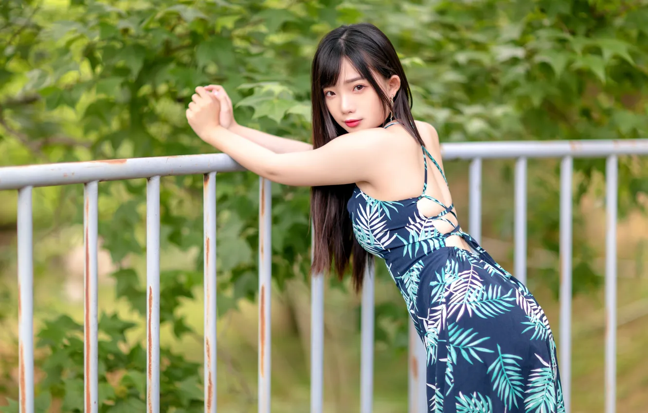 Photo wallpaper look, girl, pose, fence, dress, Asian, bokeh