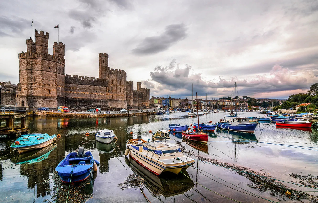 Photo wallpaper the sky, clouds, castle, boat, tower, port, UK, fortress