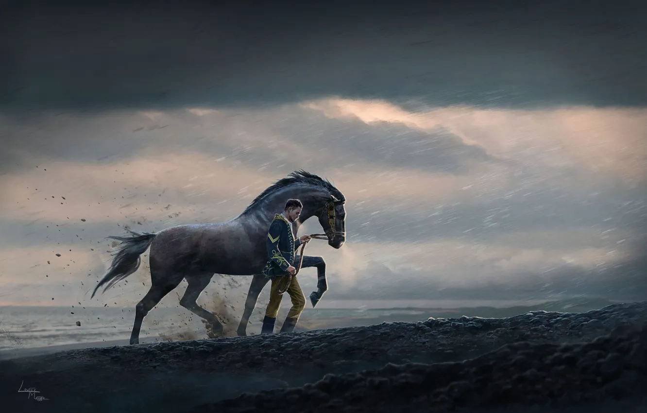 Photo wallpaper clouds, rain, shore, horse, Come hell or high water
