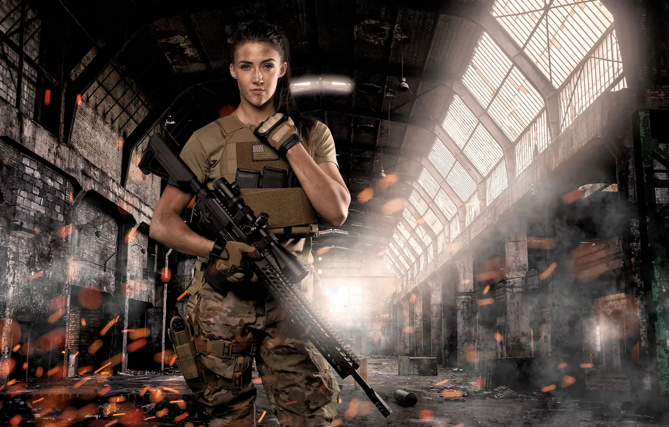Photo wallpaper girl, face, weapons, background, hair, assault rifle