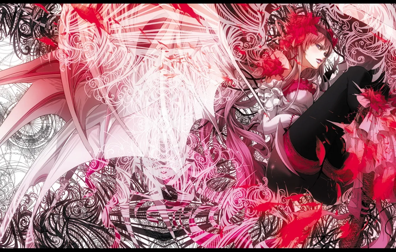 Photo wallpaper girl, line, circles, magic, pattern, blood, wings, pink hair