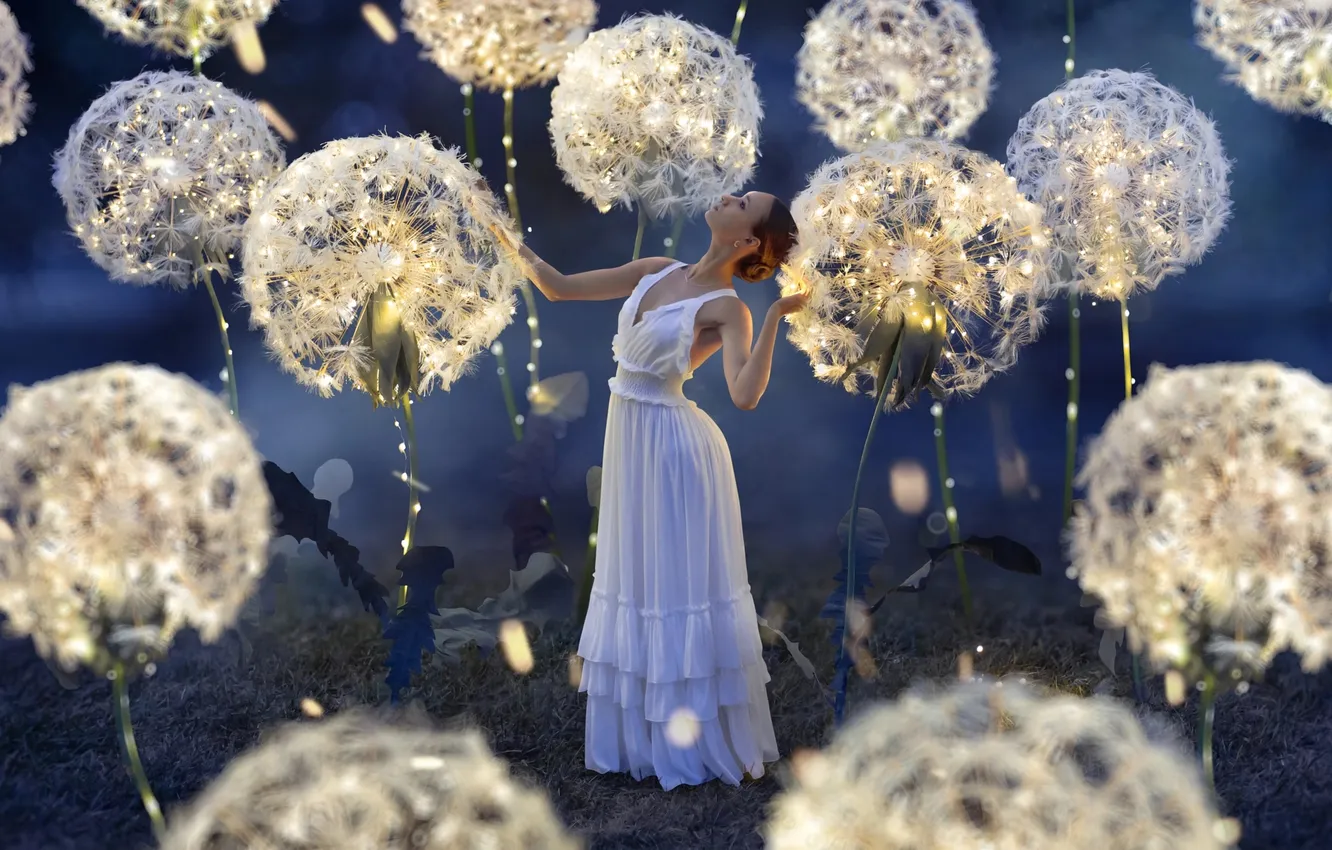 Photo wallpaper girl, light, flowers, nature, pose, style, dandelion, glade