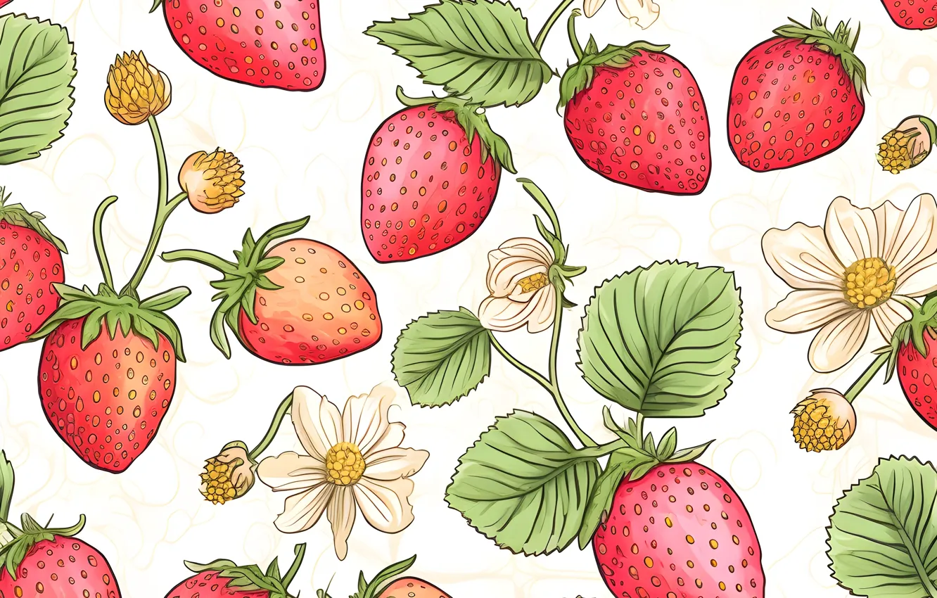 Photo wallpaper summer, leaves, flowers, berries, texture, strawberry, pattern, white background