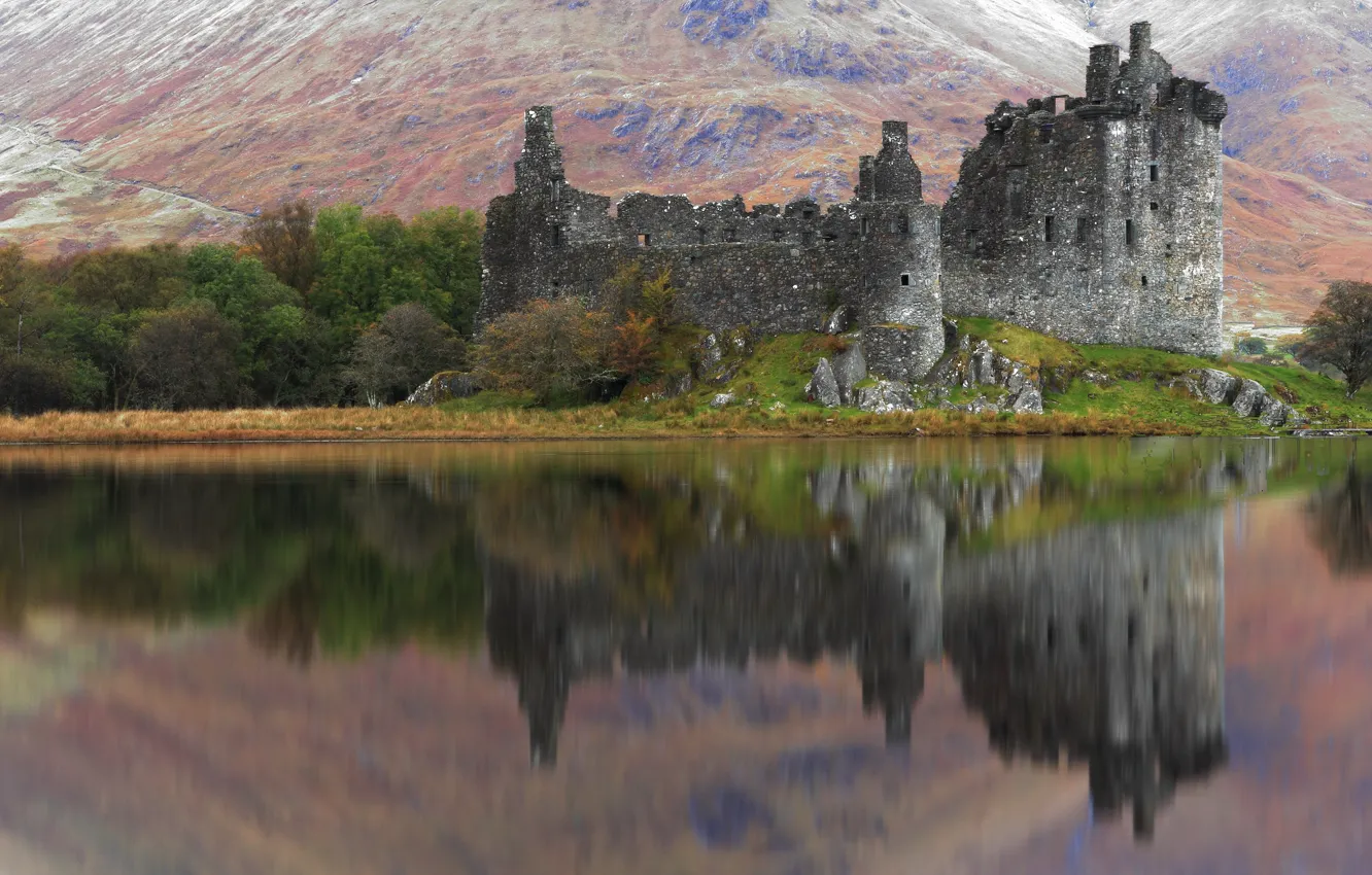 Photo wallpaper trees, mountains, lake, reflection, castle, the ruins